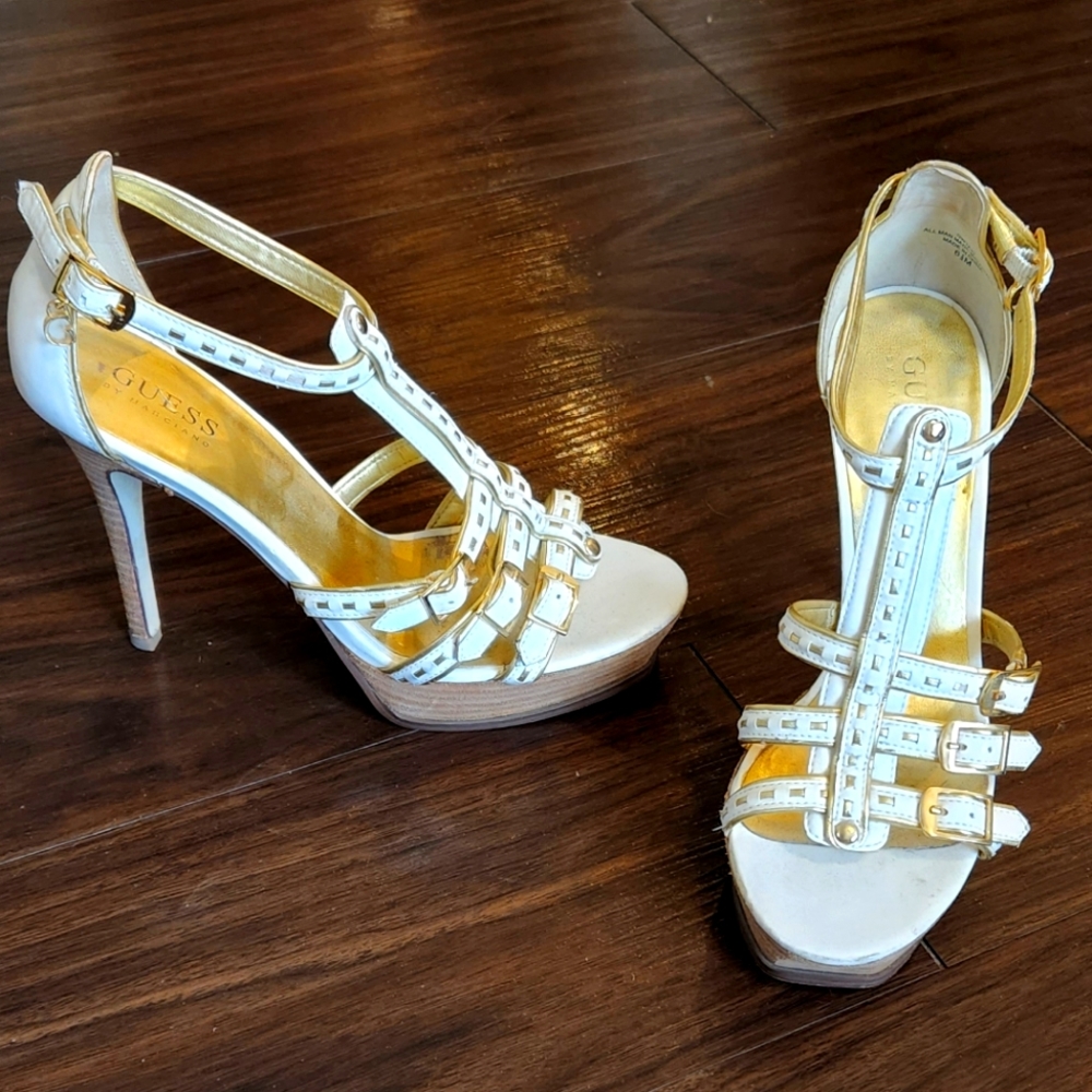 Gold and White Guess Platform Heels
